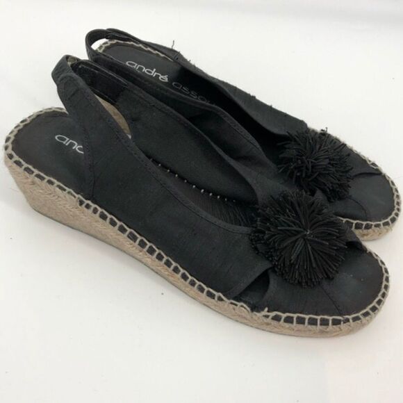Andre Assous Womens Sandals Size 8 Slingback Pom Pom Espadrille Black - Picture 1 of 6